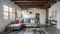 Rustic-Chic Loft Space with Comfy Sofa & Wood Accents. Concept Rustic-Chic Decor, Loft Space, Comfy Royalty Free Stock Photo