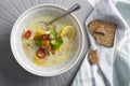 Rustic chicken soup with vegetables, noodles, lemon slice, celery leaves and fresh red chilli Royalty Free Stock Photo