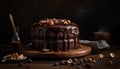 Rustic chocolate cake on wood table, ready to eat indulgence generated by AI