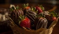 Rustic chocolate dipped berry basket, a sweet indulgence generated by AI