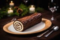 Rustic Chocolate Yule Log on Holiday Table Setting Royalty Free Stock Photo