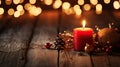 Rustic Christmas Delight - Red Advent Candle and Natural Decor on Rustic Wood with Magical Lights, First Advent Sunday Background Royalty Free Stock Photo