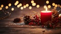 Rustic Christmas Delight - Red Advent Candle and Natural Decor on Rustic Wood with Magical Lights, First Advent Sunday Background Royalty Free Stock Photo