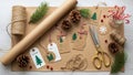 Rustic Christmas Gift Wrapping Supplies Flat Lay Royalty Free Stock Photo