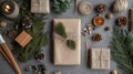 Rustic Christmas Gifts and Decorations on a Grey Background Royalty Free Stock Photo