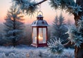 A Rustic Christmas Lantern Hanging From A Frosted Tree Branch, At Dawn. Generative AI
