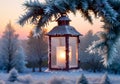 A Rustic Christmas Lantern Hanging From A Frosted Tree Branch, At Dawn. Generative AI