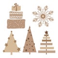 Rustic Christmas tree, gift box and snowflake set. Modern boho winter vector illustration. Neutral beige alternative Royalty Free Stock Photo