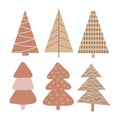 Rustic Christmas tree set. Modern boho winter vector illustration. Neutral beige and terracotta alternative trees art. Royalty Free Stock Photo