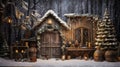 Rustic winter scene featuring wooden decorations and snow