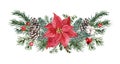 Rustic Christmas wreath illustration. Watercolor pine branches, poinsettia, pine cones, red berries. Festive winter frame