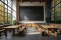 Rustic classroom wooden tables chalkboard sunlight Royalty Free Stock Photo