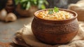 Rustic Clay Pot Soup Under Soft Daylight with Copy Space Royalty Free Stock Photo