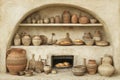 Rustic clay pottery and baked bread in traditional kitchen niche display Royalty Free Stock Photo