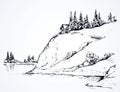 Firs on hill above river. Vector drawing