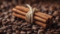 Rustic close?up p of cinnamon bundle among coffee beans Royalty Free Stock Photo