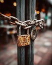 Rustic CLOSED Padlock with Chain on Metal Gate Royalty Free Stock Photo