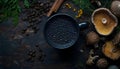 Rustic coffee alternative concept with dried mushrooms, coffee cup, dried lemon slices and coffee beans Royalty Free Stock Photo