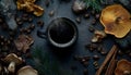 Rustic coffee alternative concept with dried mushrooms, coffee cup, dried lemon slices and coffee beans Royalty Free Stock Photo