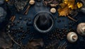 Rustic coffee alternative concept with dried mushrooms, coffee cup, dried lemon slices and coffee beans Royalty Free Stock Photo