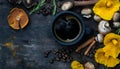Rustic coffee alternative concept with dried mushrooms, coffee cup, dried lemon slices and coffee beans Royalty Free Stock Photo