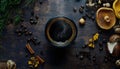 Rustic coffee alternative concept with dried mushrooms, coffee cup, dried lemon slices and coffee beans Royalty Free Stock Photo