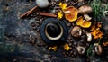 Rustic coffee alternative concept with dried mushrooms, coffee cup, dried lemon slices and coffee beans Royalty Free Stock Photo