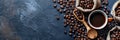 Rustic coffee beans display with wooden spoons and bags on dark background for a cozy ambiance