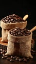 Rustic coffee beans and wooden spoons on table against dark background, cozy and inviting setup