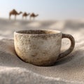 Rustic coffee cup on desert sand with camels in the background. Royalty Free Stock Photo