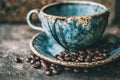 Blue Coffee Cup and Beans Royalty Free Stock Photo