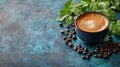 Rustic coffee cup on a textured blue surface Royalty Free Stock Photo