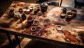 Rustic coffee cup on wooden desk, surrounded by messy equipment generated by AI