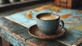 Rustic Coffee Cup on Wooden Table with World Map Background Royalty Free Stock Photo