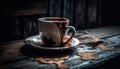 Rustic coffee mug on wooden table, foamy cappuccino and cookie generated by AI