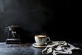 Rustic coffee scene with latte art and vintage grinder against dark background Royalty Free Stock Photo