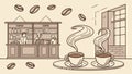 Rustic Coffee Shop Interior with Coffee Beans and Steaming Cups, vector design Generative AI Royalty Free Stock Photo