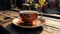 Rustic coffee shop serves old fashioned hot drinks in elegant crockery generated by AI