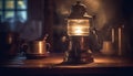 Rustic coffee shop table with old fashioned lantern and glowing flame generated by AI