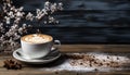 A rustic coffee table with a frothy cappuccino and flower generated by AI