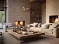 Rustic coffee table between two beige sofas. Rustic interior design of modern living room with fireplace in farmhouse Royalty Free Stock Photo