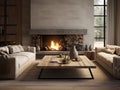 Rustic coffee table between two beige sofas. Rustic interior design of modern living room with fireplace in farmhouse Royalty Free Stock Photo