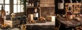 Rustic collection of bottles and packaging on wooden crates