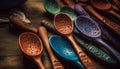 A rustic collection of kitchen utensils, wooden spoons and ladles generated by AI Royalty Free Stock Photo