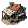 Rustic Concept Art: Aerial View Of Weathered Shack With Wooden Roof