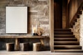Rustic console table near stone cladding wall. Farmhouse interior design of modern home entryway with staircase. AI