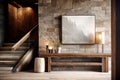 Rustic console table near stone cladding wall. Farmhouse interior design of modern home entryway with staircase. AI