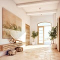 Rustic console table and wooden arched door in hallway with stone tiled floor. Interior design of modern rustic entrance hall in Royalty Free Stock Photo