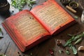 Rustic cookbook with herbs and spices on wooden table for culinary inspiration Royalty Free Stock Photo