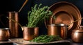 Rustic copper kitchenware collection with fresh herbs for culinary inspiration Royalty Free Stock Photo